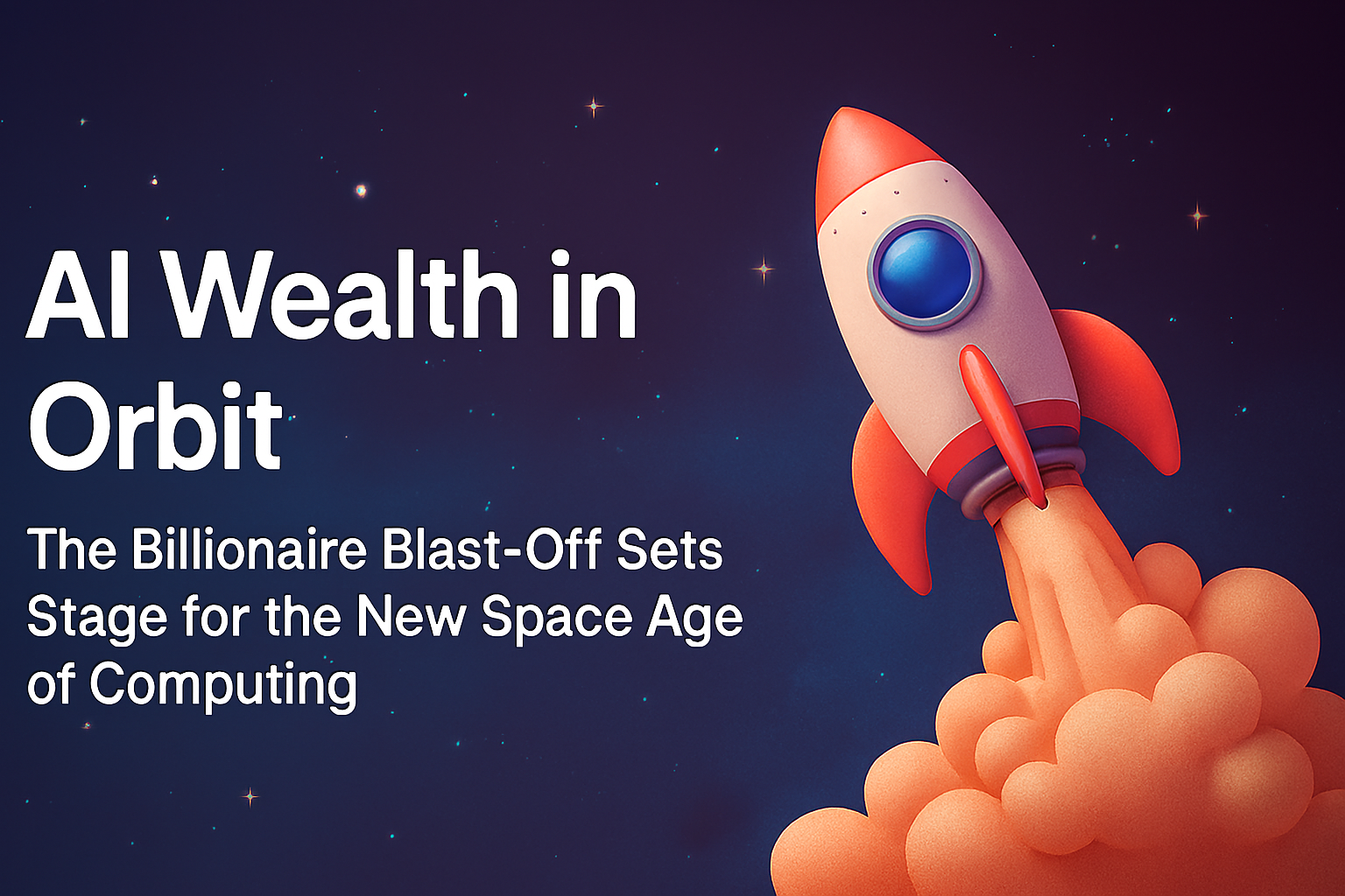 A rocket blasting off into the sky, representing the explosive growth of AI wealth.